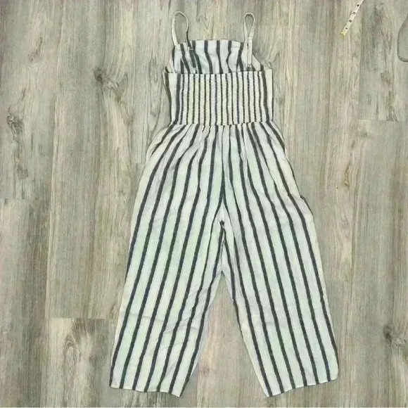 Old Navy Jumpsuit Blue Striped Cropped Linen Blend Sleeveless Square Neck Size S - Picture 6 of 8